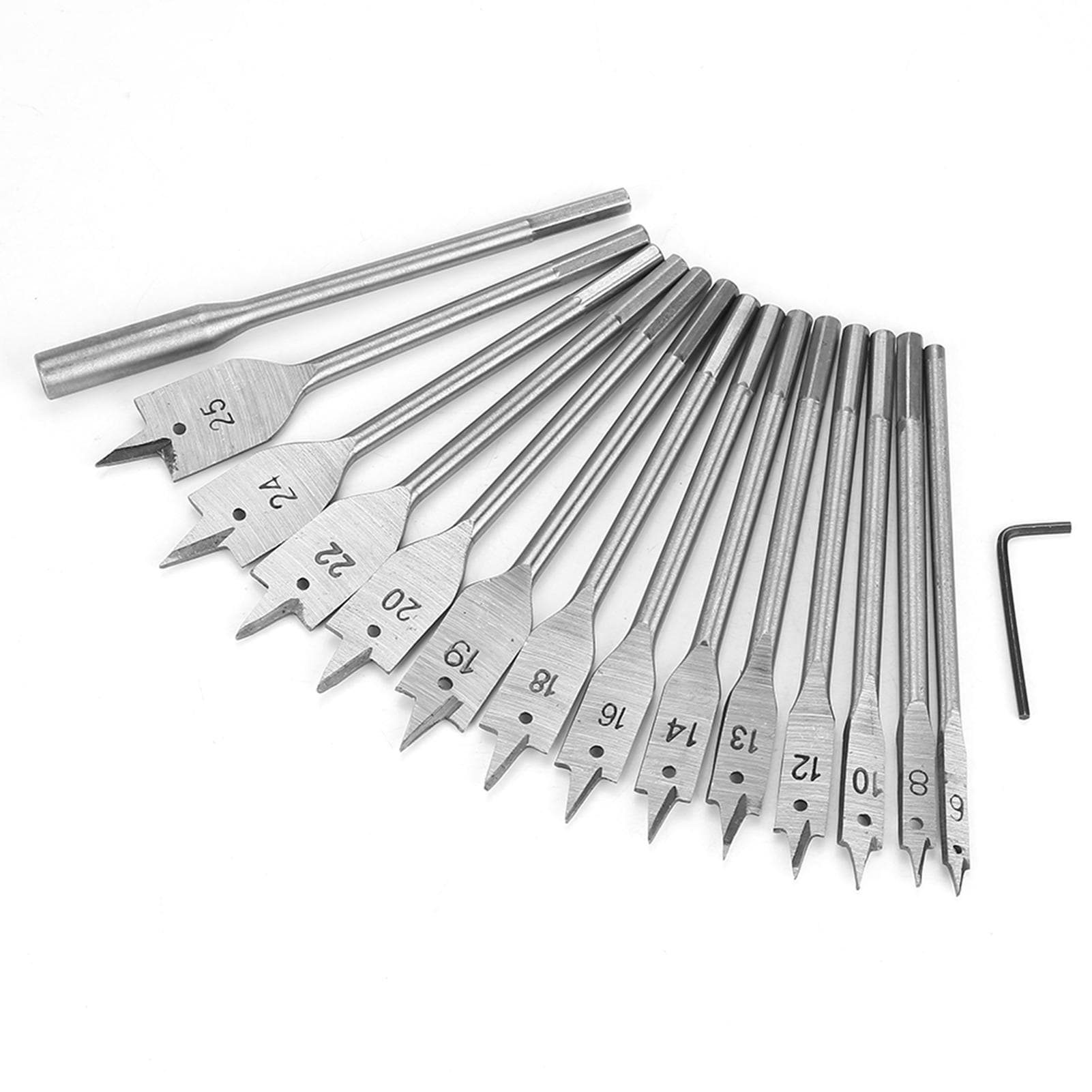 15pcs Carbon Steel Hex Shank Spade Flat Wood Drill Bit Set 6?25mm for Wood Drilling Power Tools