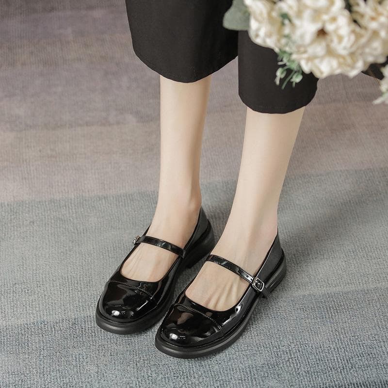 Versatile Small Fragrant Style Single Shoes Fashion Women's Shoes Mary Jane Color-blocking Glossy Patent Leather Thick Heel Round Head 40