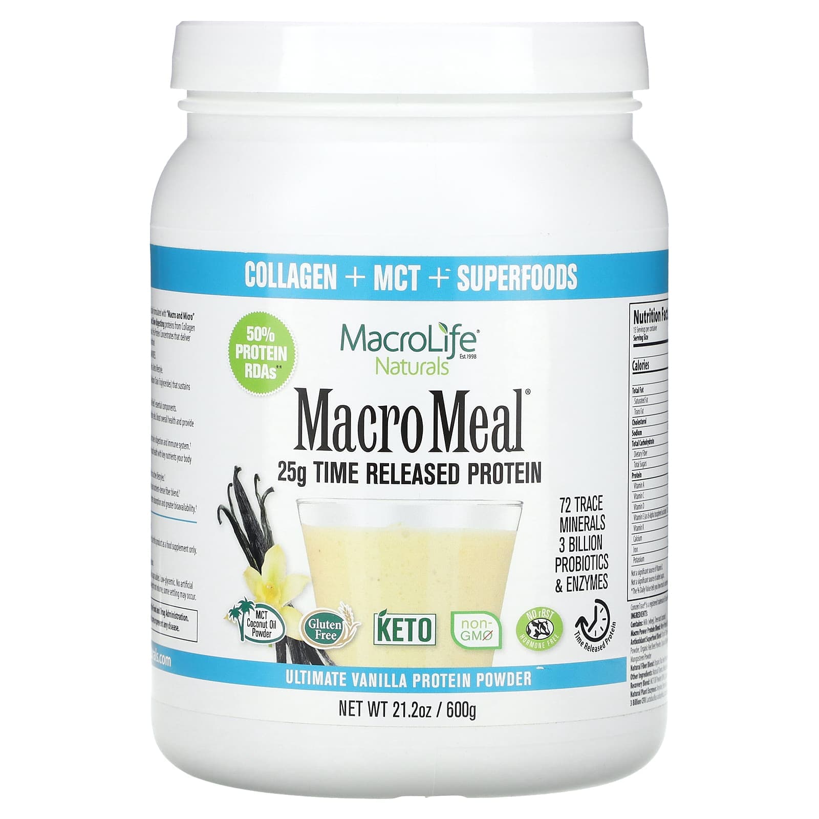 Macrolife Naturals, MacroMeal, Ultimate Protein Powder, Vanilla, 21.2 oz (600 g)