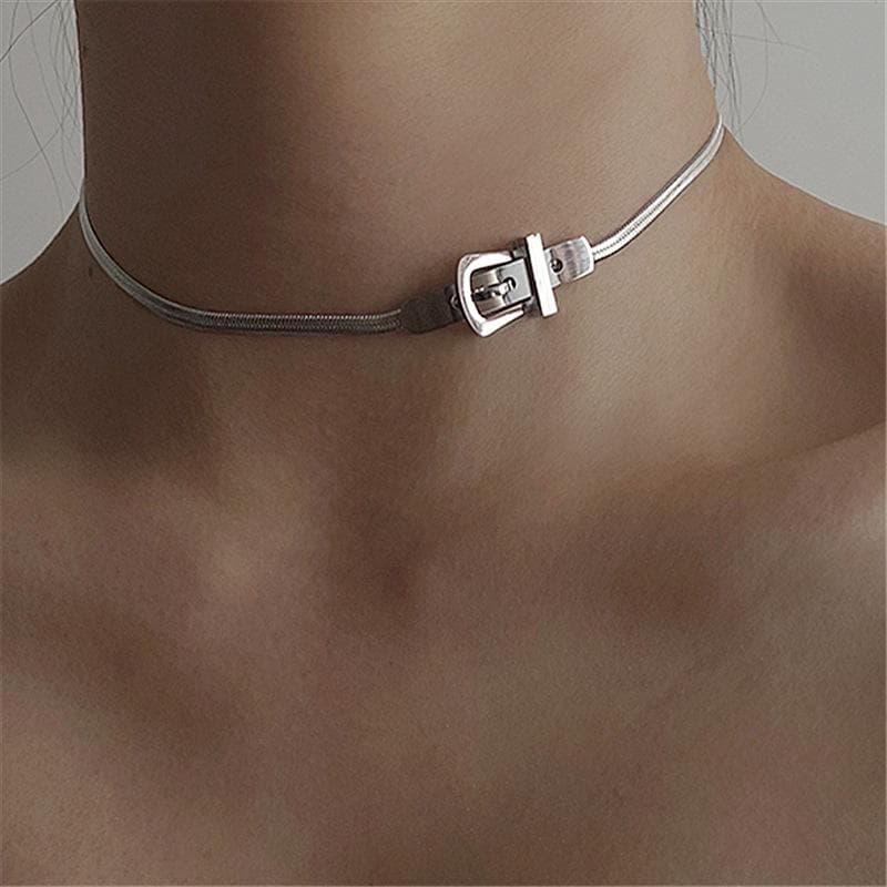 Belt Buckle Choker Snake Chain Necklaces for Sexy Women Minimalist Titanium Steel Hip Hop Necklace silver