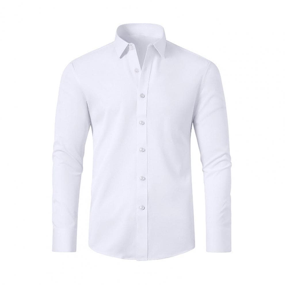 Men Spring Fall Dress Shirt Turn-down Collar Slim Fit Stretchy Single-breasted Long Sleeves Pure Color Mid Length Formal Busines XS white