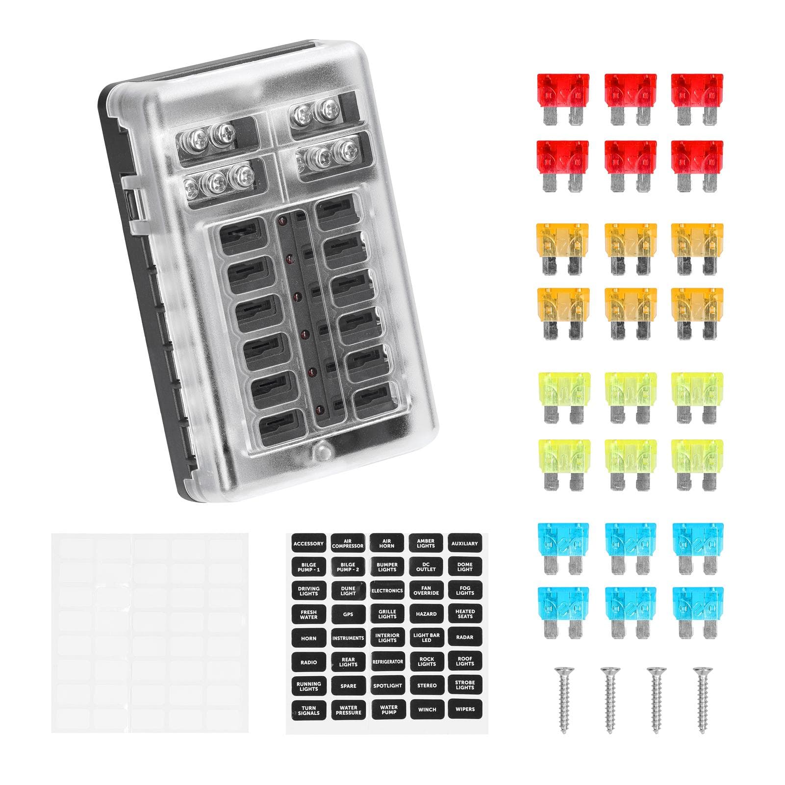 Positive and Negative Anodes Fuse Block Box Transparent Cover Fuses Holder with LED Indicator Light 12 Ways multicolour