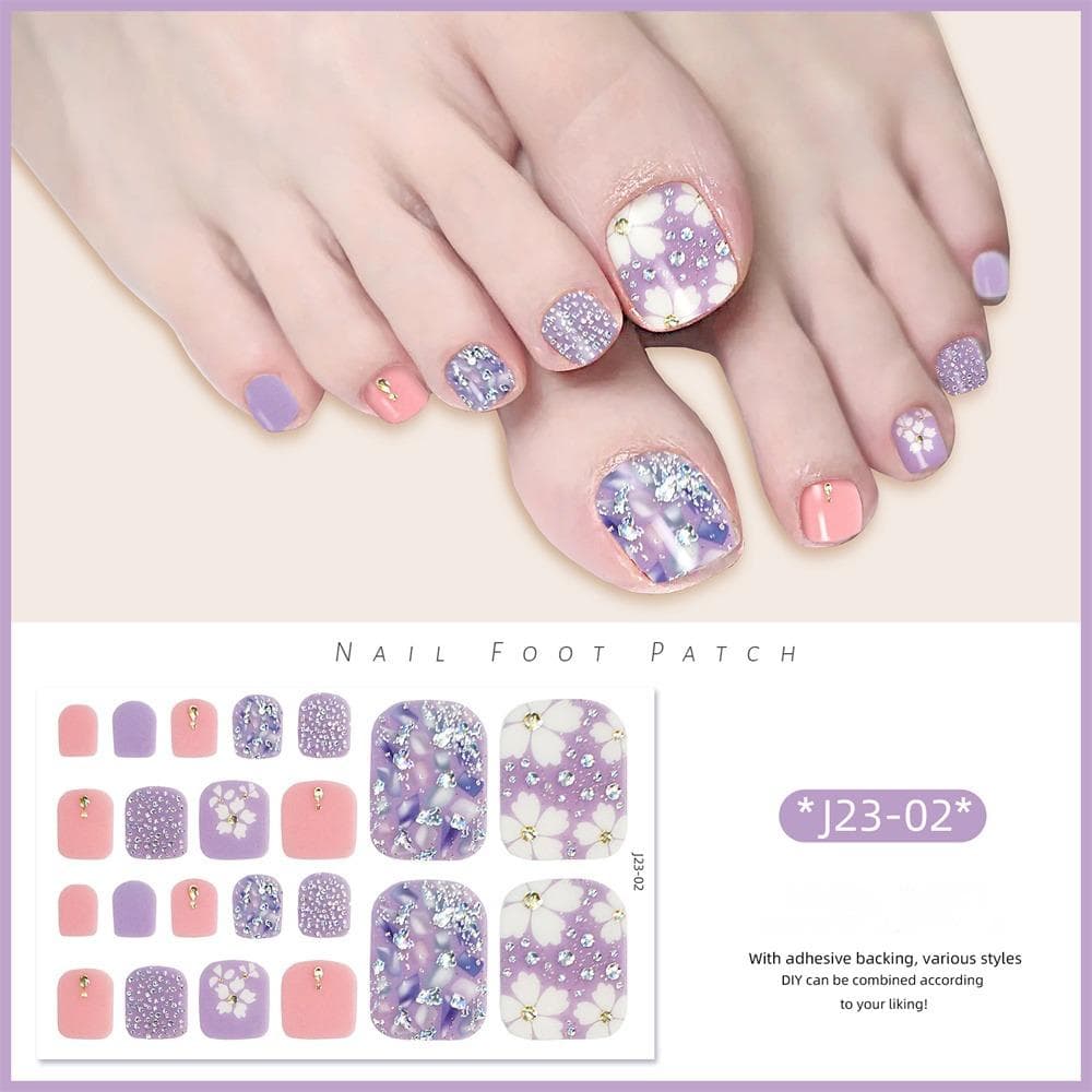 22Pcs/Set Toe Nail Fake Self-adhesive Nails Sticker Various Nail Patterns False Nail Stickers With Jelly Glue J2302