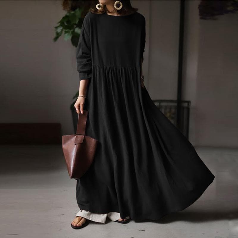 ZANZEA Women Casual Long Sleeve O-neck Loose Cotton Plain Long Dress 3XL black