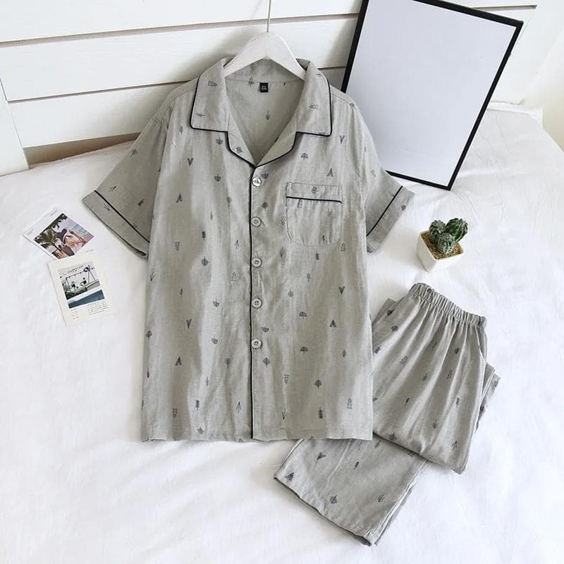 New Men's Pajamas Two-piece Spring and Summer 100% Cotton Gauze Short-sleeved Trousers Thin Casual Home Wear Cover Men Pajamas XL grey