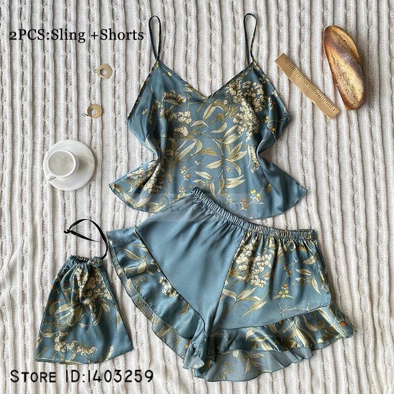 New Female 4PCS Pajamas Set Spring Summer Satin Sleepwear Intimate Lingerie Print Cherry Flower Nightgown Loose Home Clothes XL