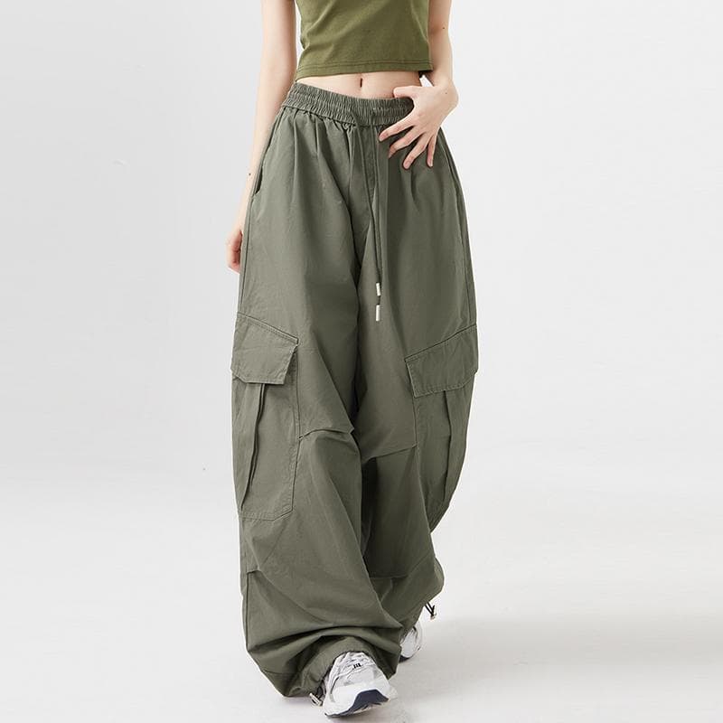 Women Big Pockets Cargo Pants Y2k High Elastic Waist Drawstring Baggy Trousers Vintage Casual Loose Wide Leg Straight Pants L green