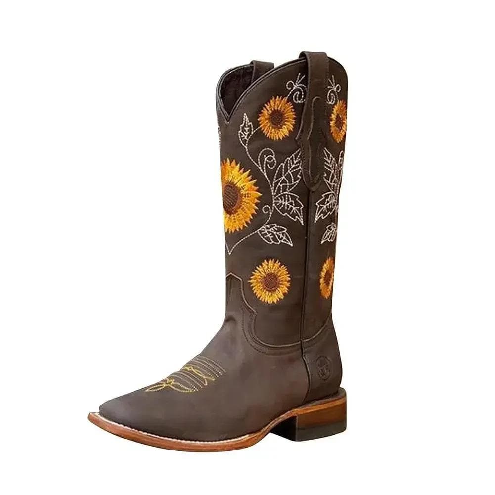 New Size 35-43 Women Coffee Brown Embroidery BootsLeather Printed Western Cowboy Boots Deep V-mouth High Tube Casual Boots Classic 43