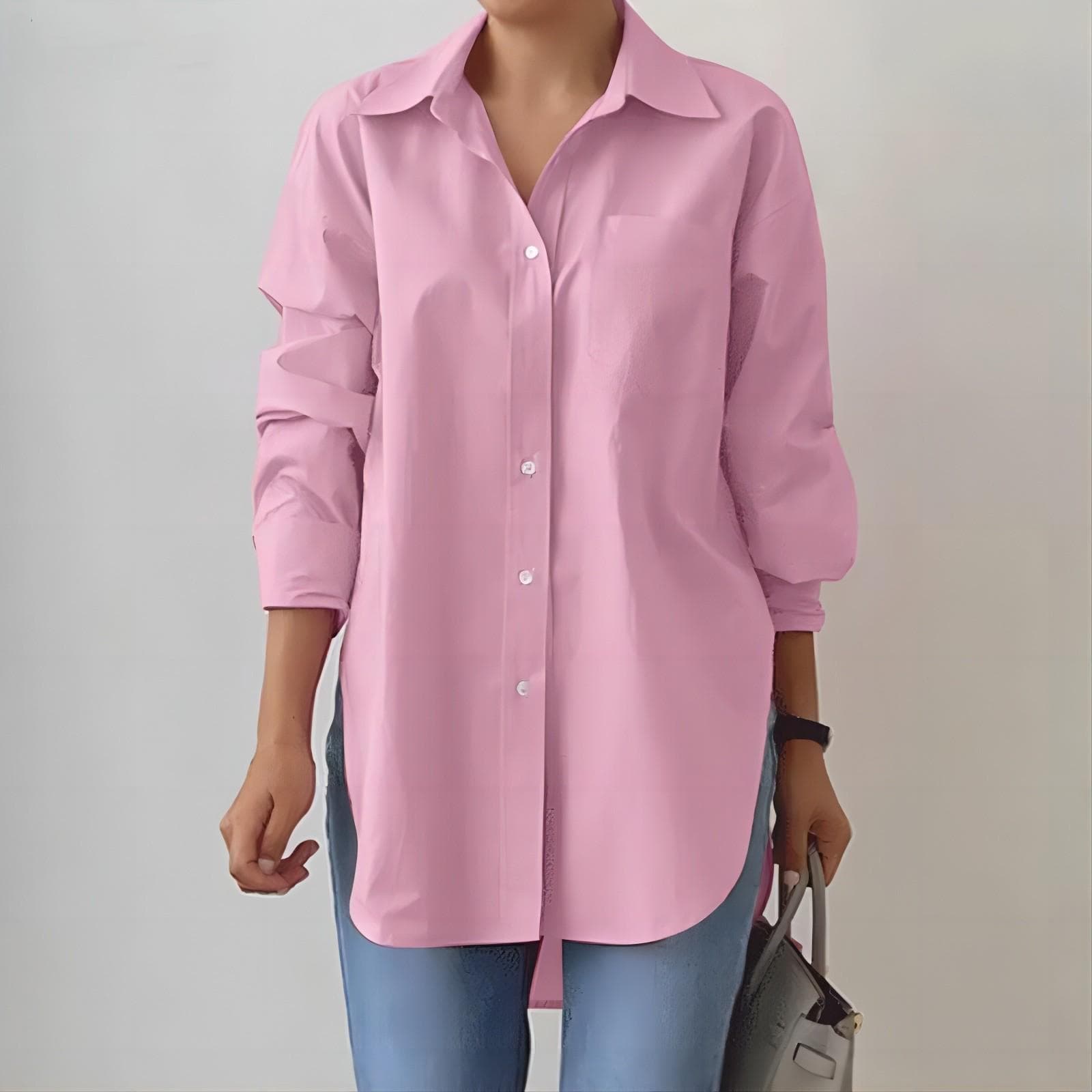 2024 Women's Oversized Lapel Shirt - Elegant Long-Sleeve, Solid Color, Slit Hem for Spring and Autumn XL pink