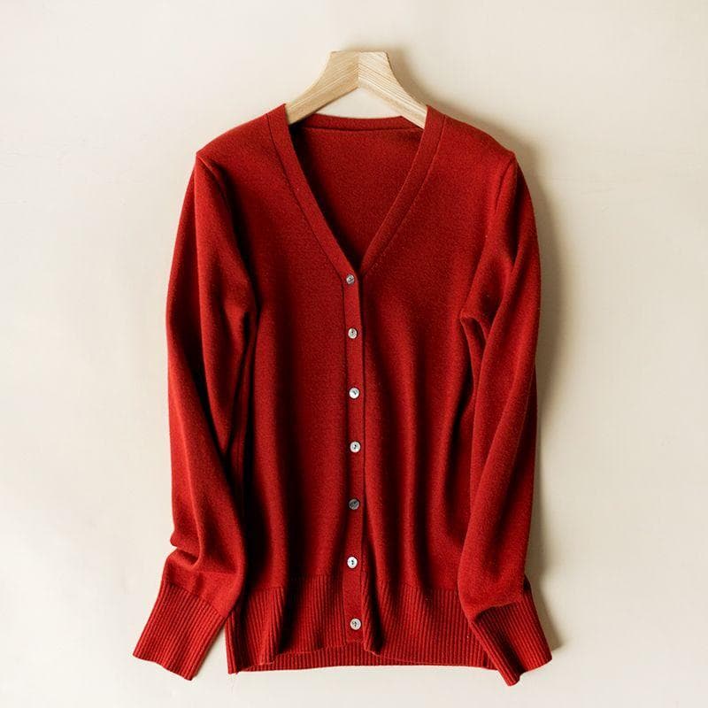 Women Cardigans Autumn Winter Single Breasted V-neck Knitted Sweater Fashion Short Knitwear Solid Jumpers M red