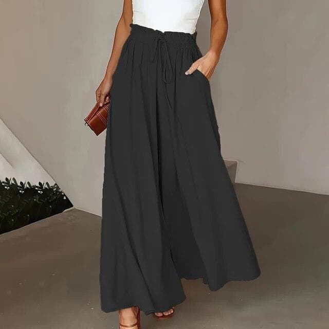Women's Summer Elastic Waist High Waist Wide Leg Long Skirt Pants XL black