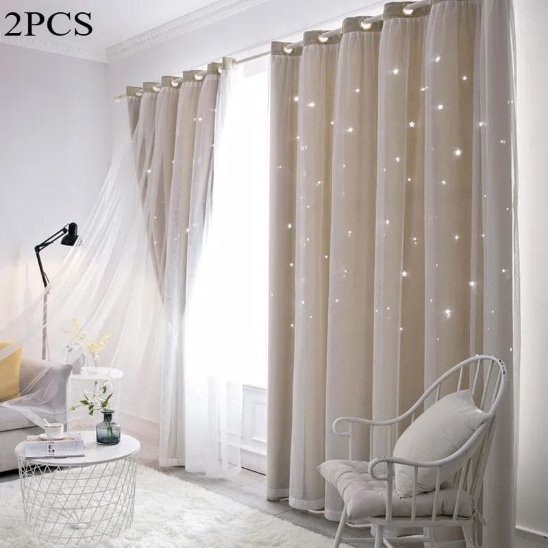 Double Layers Romantic Sheer Kids Children Girls Curtains With Hollow Out Stars For Living Room Bedroom Windows Drapes 100X200cm