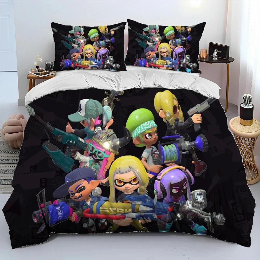 S-Splatoon Game Gamer Cartoon Comforter Bedding Set,Duvet Cover Bed Set Quilt Cover Pillowcase,King Queen Size Bedding Set Boys 70x133cm 2pcs