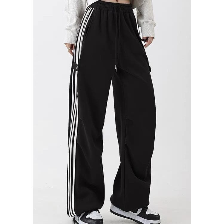 American Vintage High Waist Sports Casual Pants Versatile High Street Sweatpants Loose Striped Wide Leg Pants M black