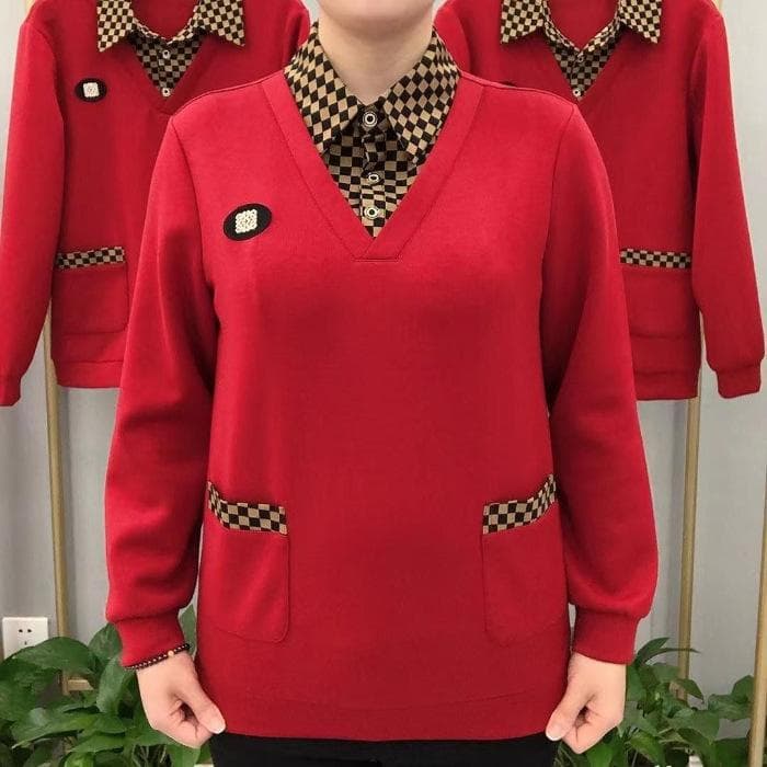 Plaid Fake Two-piece Base Shirt for Women's Spring and Autumn Long-sleeved Shirt Loose Collar To Make Mother's Casual Top 5XL red
