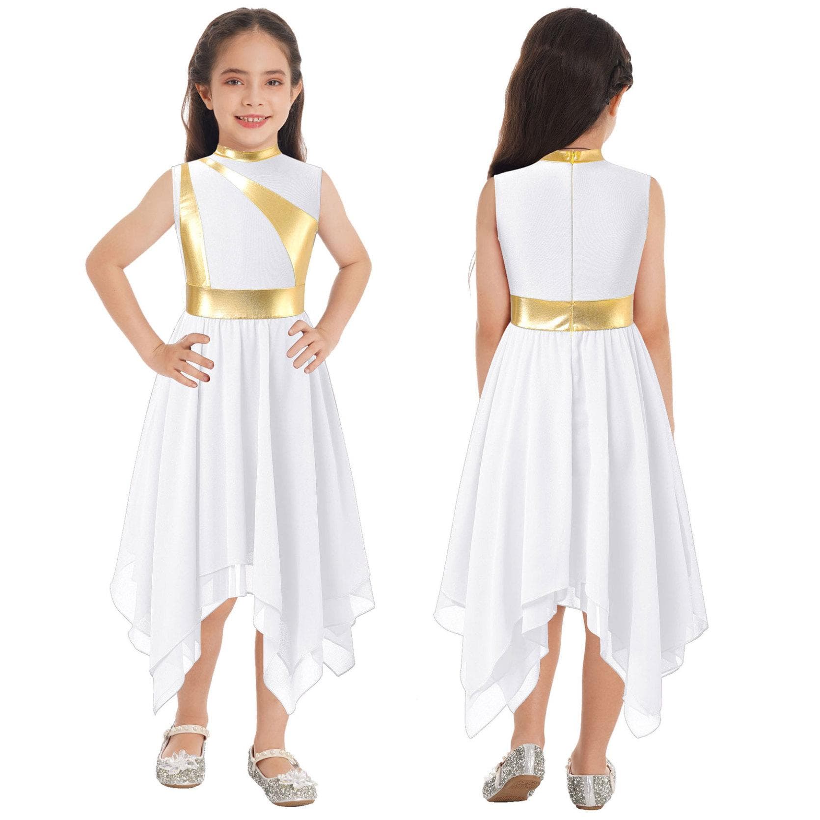 Kids Girls Praise Dancing Dress Metallic Patchwork Sleeveless Asymmetrical Hem Dress Modern Lyrical Dance Costume 7-8 Years white