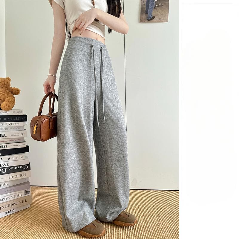 Gray Glutinous Rice Pants for Women In Summer New High-waist Drawstring Casual Straight-leg Pants for Small Laziness Style Wide-leg Pants XL