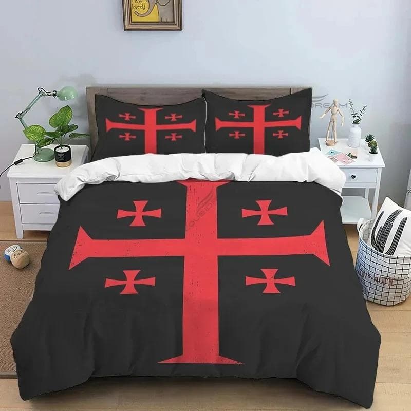 Medieval Knights Templar Patterns Comforter Bedding Set,Duvet Cover Bed Set Quilt Cover Pillowcase,King Bedding Set 70x133cm 2pcs