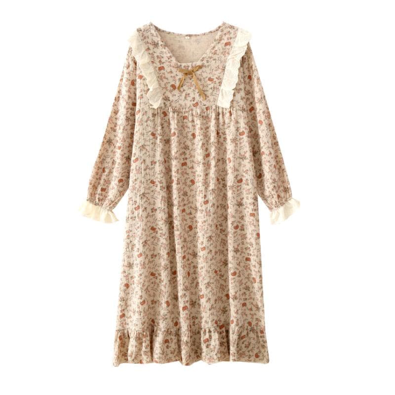 Spring and Summer  New Women's Nightdress 100% Cotton Crepe Long-sleeved Skirt Soft and Comfortable Flower Home Skirt XL
