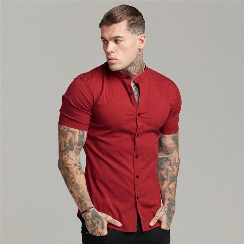 Muscleguys New Arrivals Summer Man Short Sleeve Shirt Solid Fitness Mens Stand Collar Super Slim Fit Business Dress Shirt Button Gym Tops XXL red