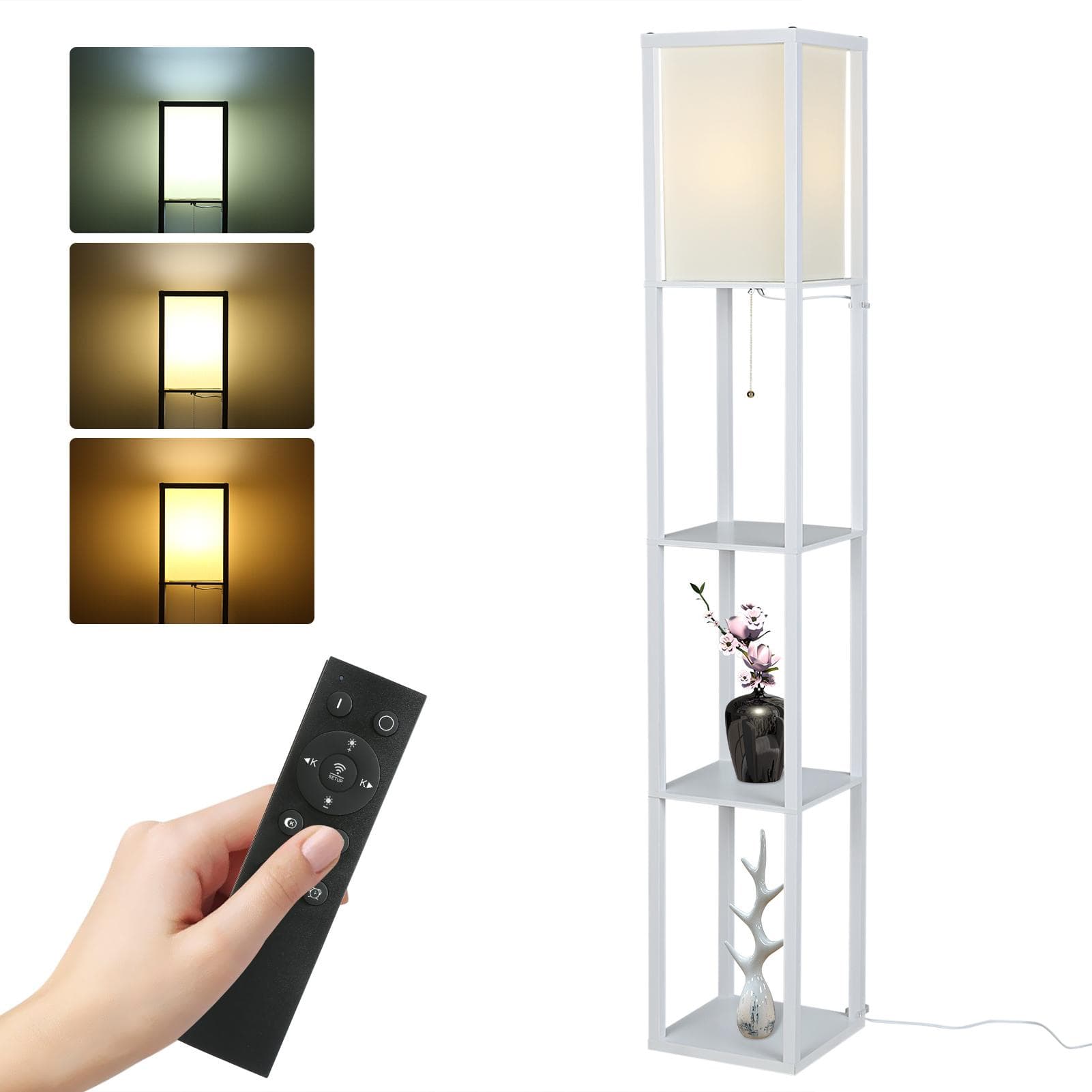 Tomshine Modern Shelf Floor Lamp with Remote Control & Pulling Switch 15W Dimmable LEDs Bulb Color UK Plug white