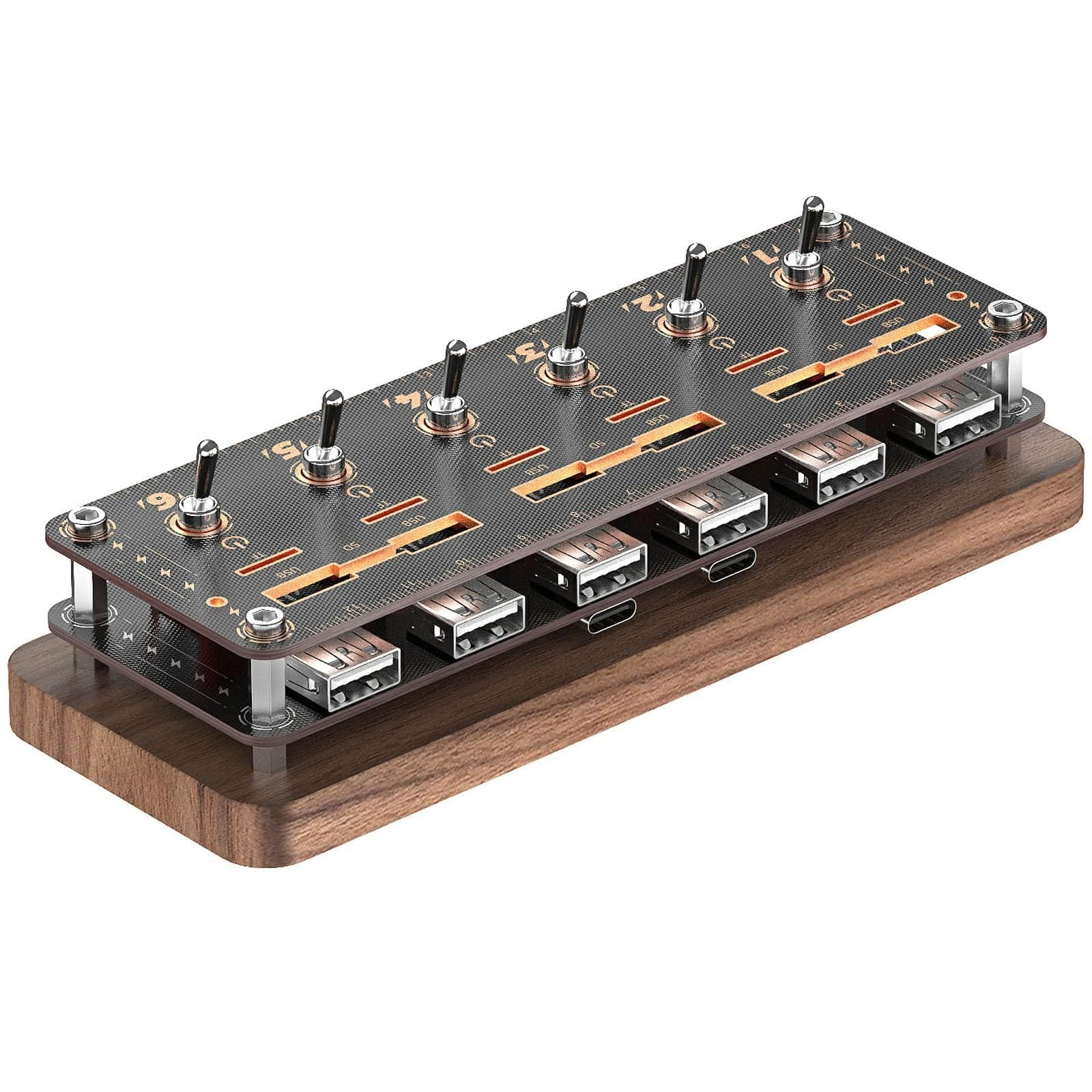AODUKE Cyberpunk Style Walnut 6-Port USB 2.0 Hub with Independent Switches SD TF Card Storage Rack A