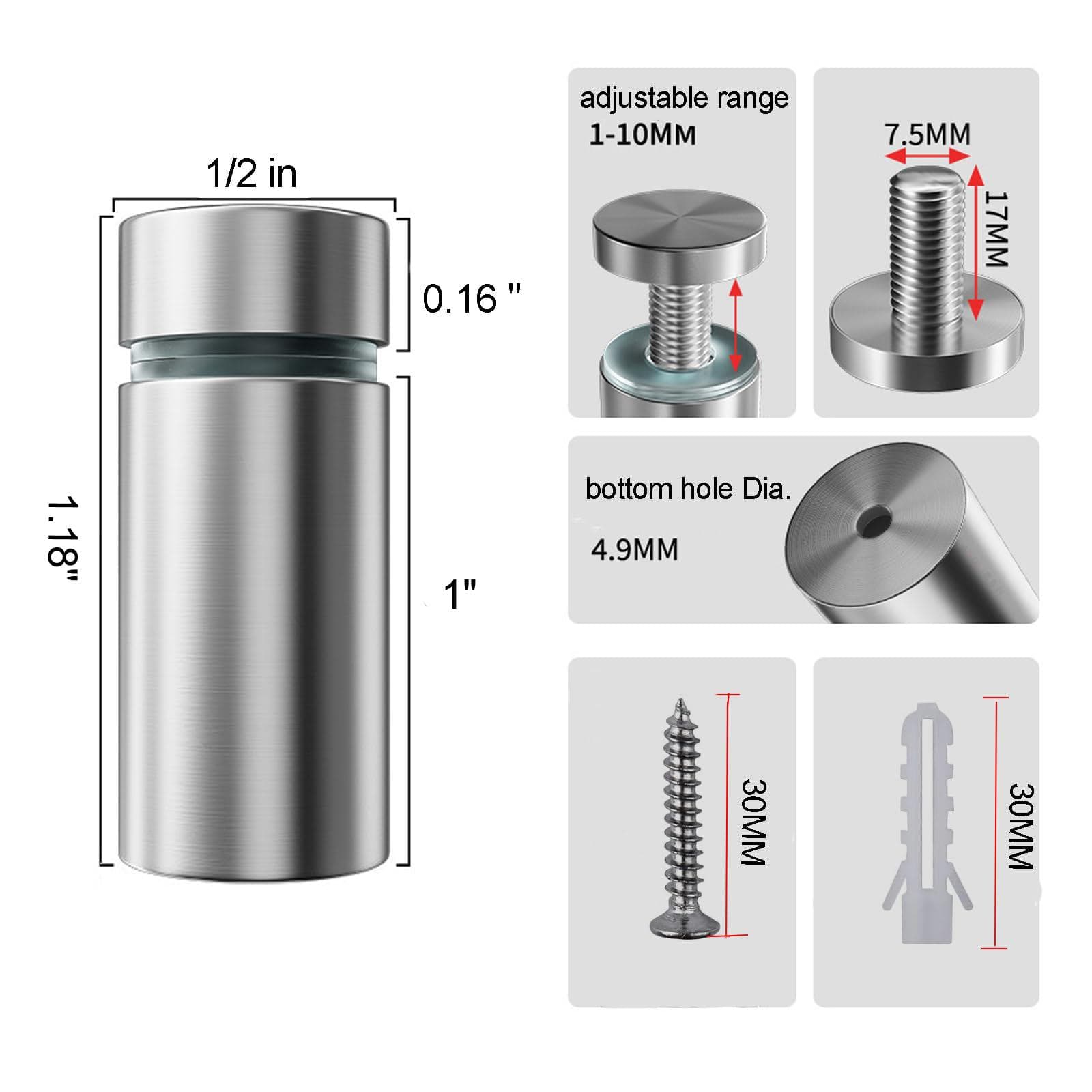 Sign Standoff Screws 1/2 x 1 Inch Stainless Steel Stand Off Wall Mounts Advertising Screw Hardware for Acrylic Signs (4Pcs)1/2" x 1.18" silver