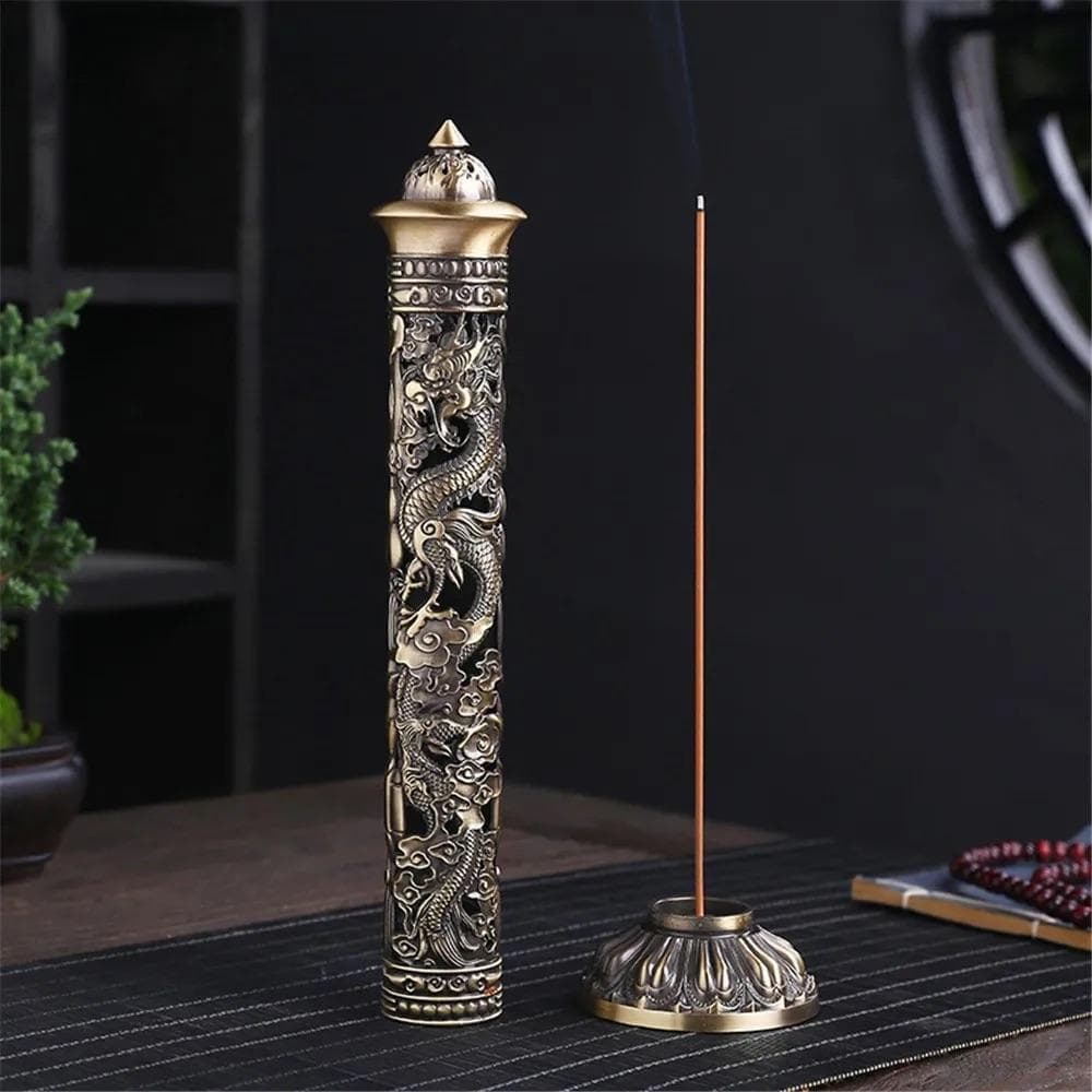 Retro Column Vertical Incense Burner Zen Buddha Heart Sutra Dragon Phoenix Vintage Pillar Incense Stick Holder Traditional Decor