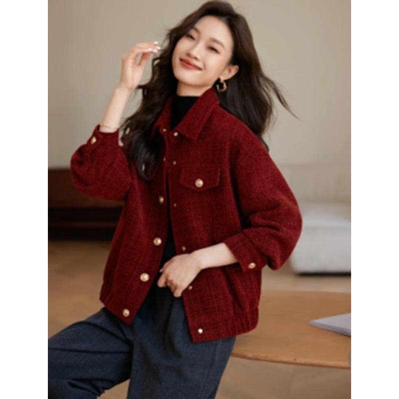 Good Luck Red Flavor Thickened Jacket New Winter Shirt Lapel Retro Fashionable Jacket 2XL