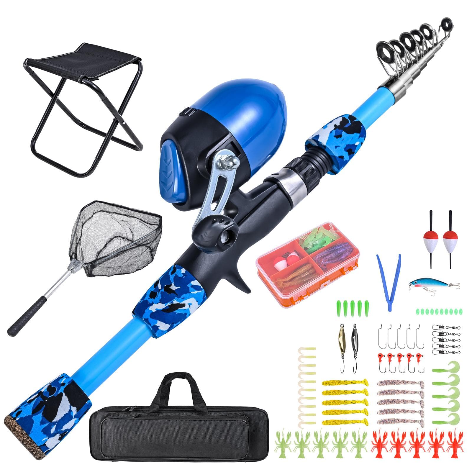 Kids Fishing Rod and Reel Combo with Collapsible Fishing Stool Landing Net Telescopic Fishing Pole 1.8m blue