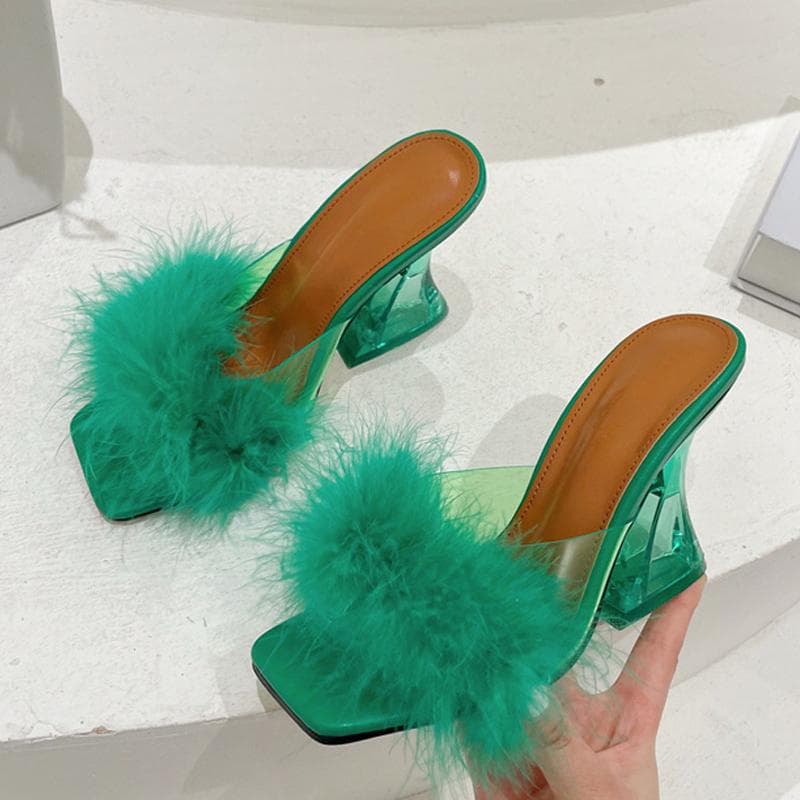 Size 35-41 Sexy Strange Transparent Heels Slippers Fashion Fur Feather Summer Sandals Peep Toe Slip-On Clear Shoes Women Slides 35 green