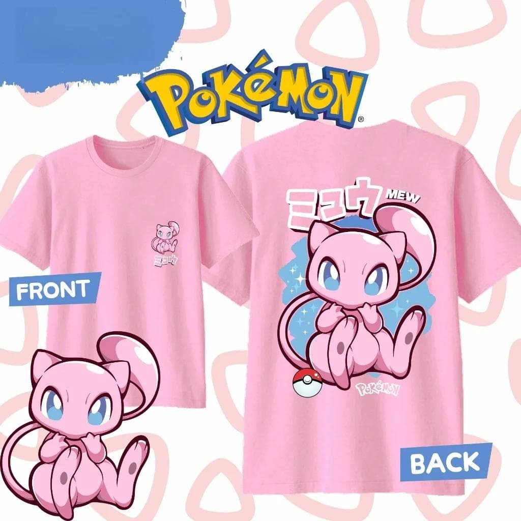 Anime Pokémon Mew Printed Cotton T-shirt Summer Men's and Women's Harajuku Clothing Fashion Casual Street T-shirt Fan Gifts XXXL beige
