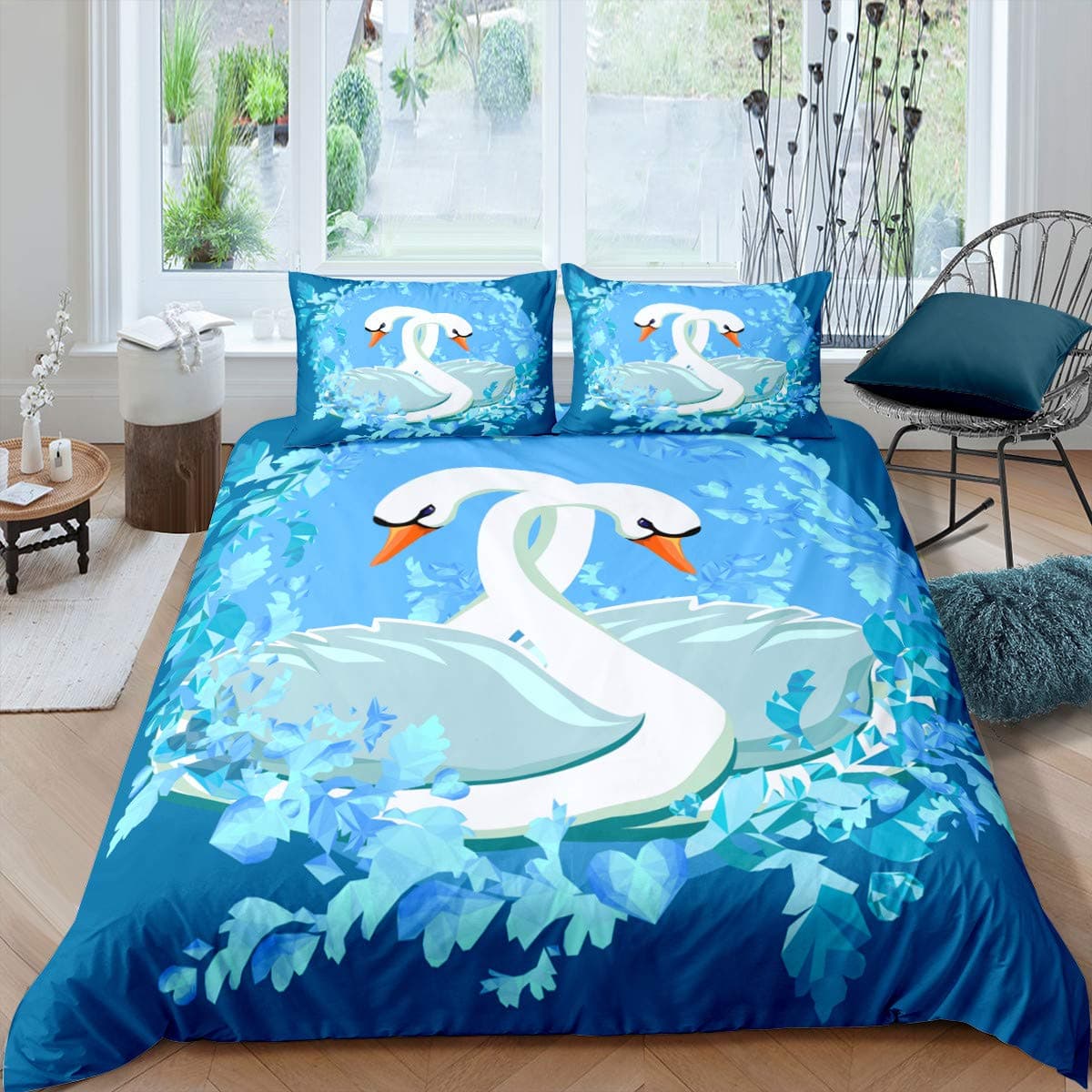 Swan Bedding Set Romantic Flowers Duvet Cover King Birds Wildlife Quilt Cover for Couple Lady Man Wedding Festival Party Decor EU single(135x200cm)
