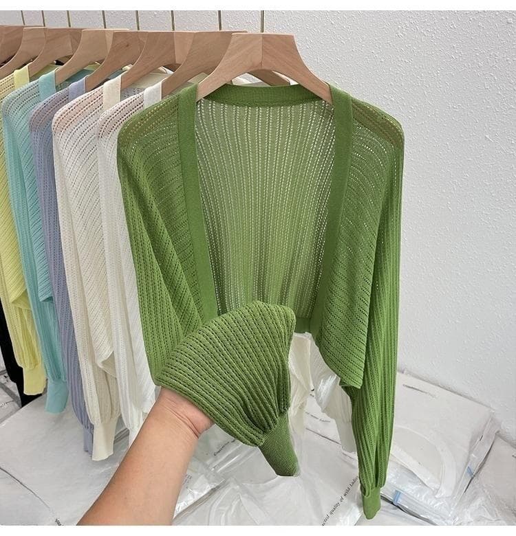 Summer Thin Loose Knit Cardigan with Air Conditioning and Sun Protection Cover, Camisole with Lantern Sleeves, Short Top, Jacket for Women one size green