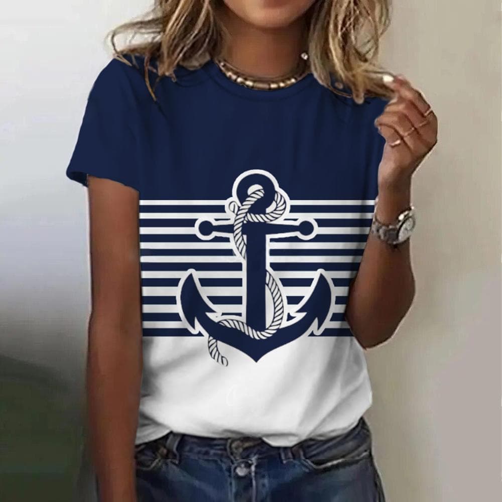 Summer Women T Shirt 3d Print Boat Anchor Print Fashion O Neck Short Sleeve Tees Tops Pullover Women's Casual Loose T-Shirt Y2k Clothing S