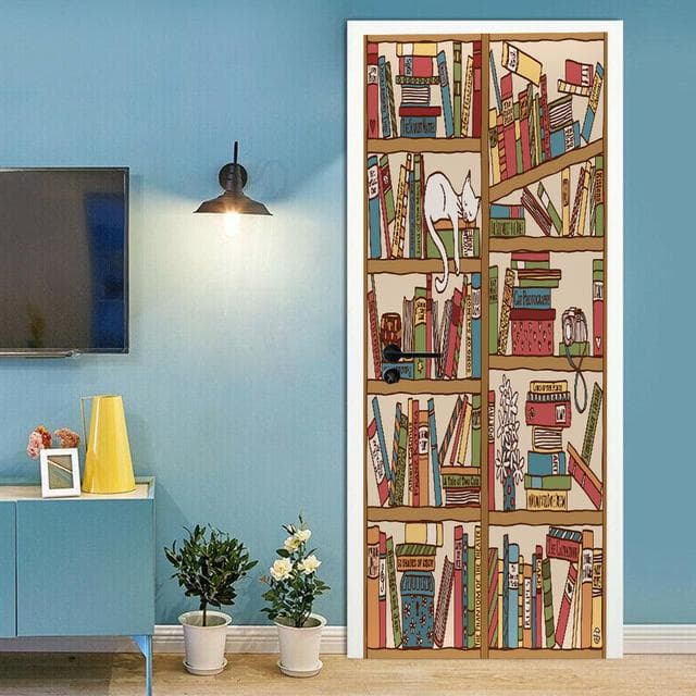 Wooden Bookshelf Door Stickers Spiral Staircase Library Retro Literature Art Bookstore Decor Renovation PVC Wallpaper Sticker 90x200cm