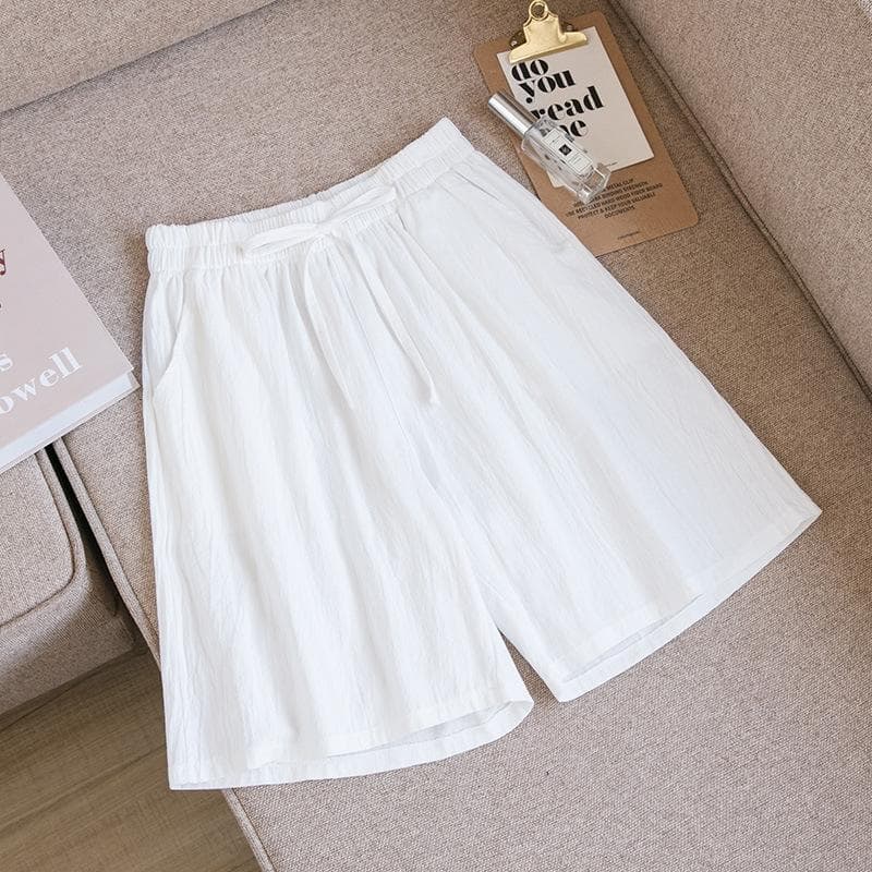 Women's Summer Cotton  Linen Five Inch Breathable Mid Length Pants Casual Loose Oversized Wide Leg Pants M white
