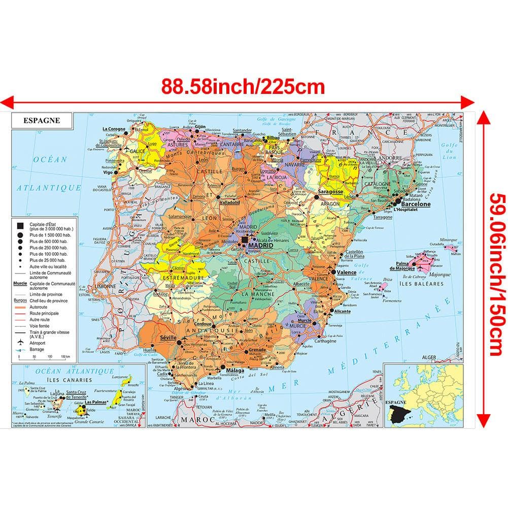 French Map-Spain Administrative Map-Frameless Educational Wall Art Decor,Gift for Language Learners&Geography Enthusiasts 225*150cm