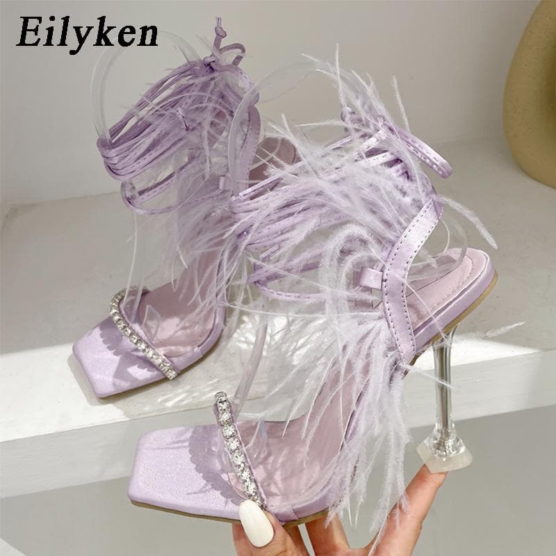 Eilyken Summer Crystal Heeled Sandals Women Fashion Cross-Tied Lace-up Sexy Party Dress Ladies High Heel Shoes 42 purple