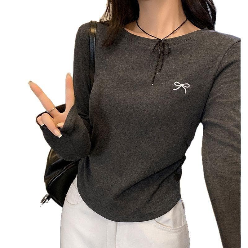 Spring and Autumn Cotton Round Neck T-shirt Front Shoulder Fur-Woven Inner Base Shirt Women's Slim Waist-Close Bow Embroidered Short Top XL
