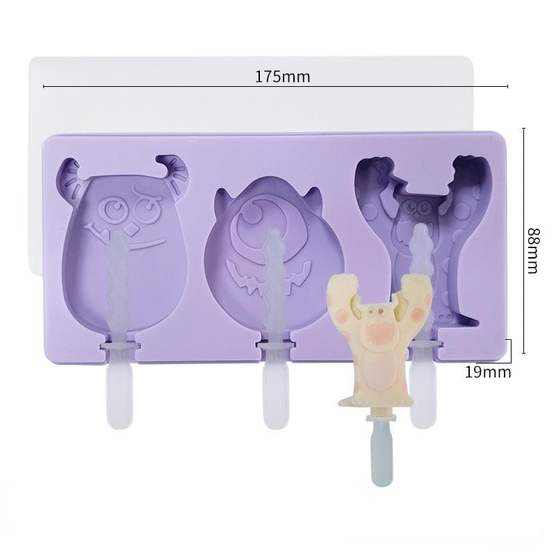 Cartoon Monster Dinosaur Ice Cream Silicone Mold With Lid Bunny Bear Popsicle Ice Cube Tray Mold Cheese Gift Kitchen Accessories purple