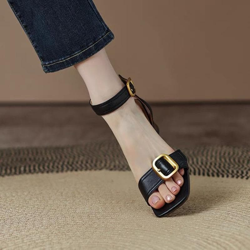 Leather Sandals Women Low-Heeled Shoes With Strap Summer Round Toe Suit Female Beige Low-heeled Closed Block Retro Comfort 40 black