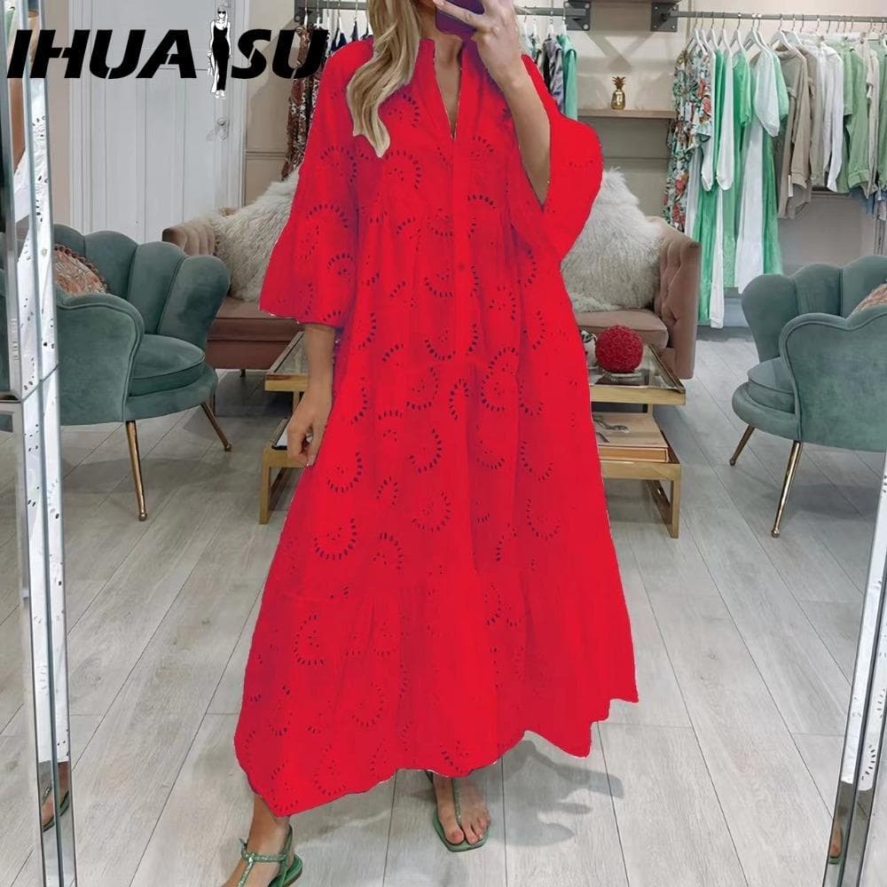 IHUASU 8 Colors S-5XL Women's Fashion Summer Spring Solid Color Print 3/4 Sleeve V-Neck Casual Dresses S red