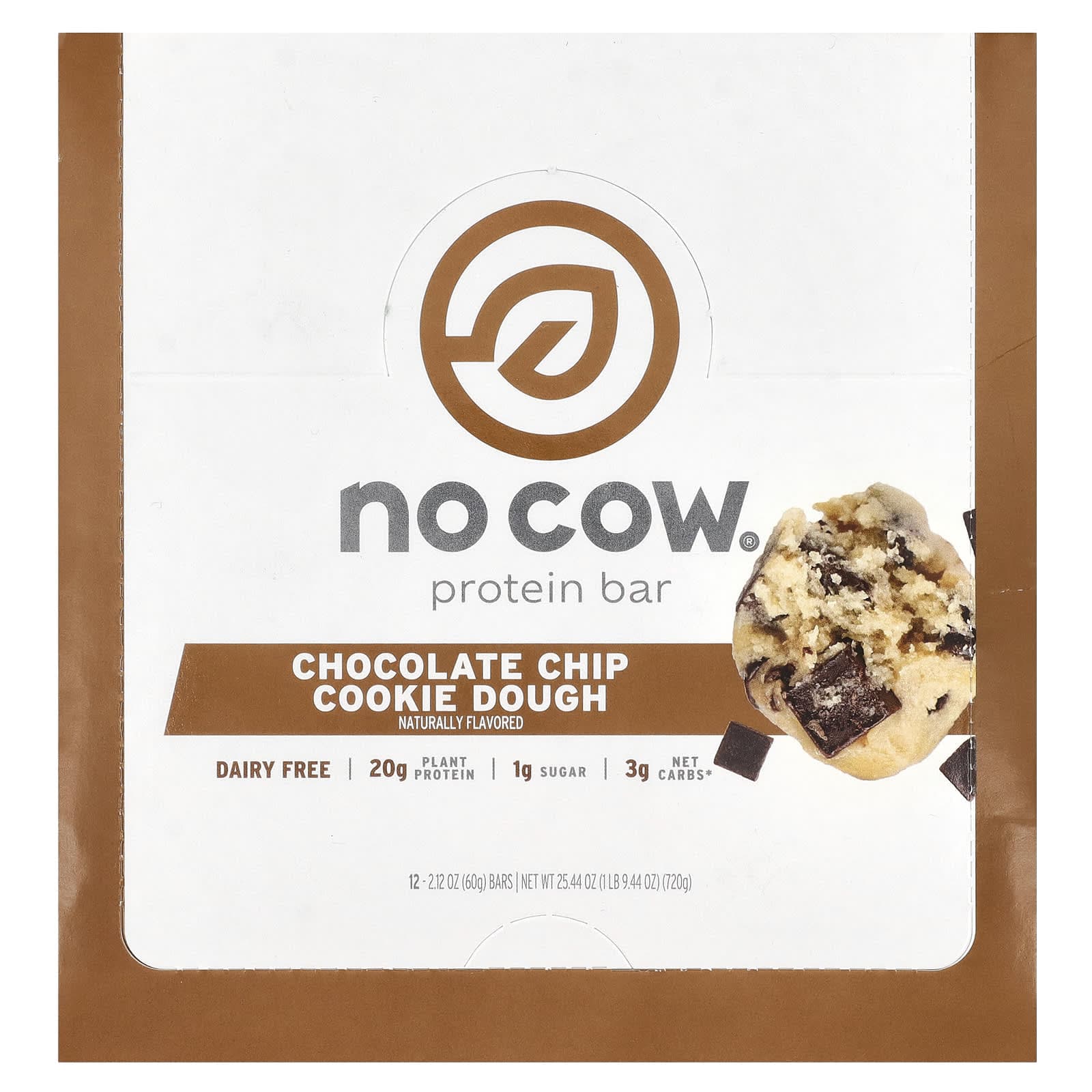 No Cow, protein bar, chocolate chip cookie dough, 12 bars, 60 g (2.12 oz) each