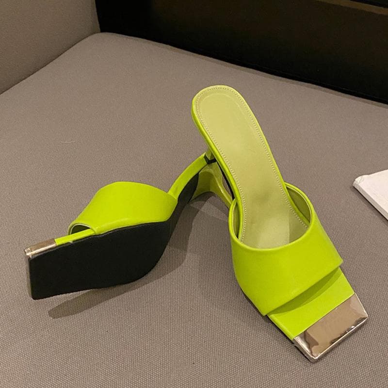 Low Thin High Heels Women Green Leather Slippers Fashion Metal Decoration Square Toe Summer Sandals Slides Shoes Pumps Size35-39 35 green