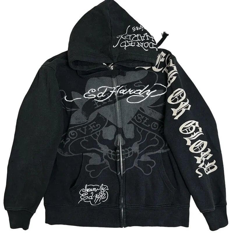 Cartoon printed Goth embroidered Harajuku retro hip-hop zippered hood loose fitting men's and women's hoodie jacket M black