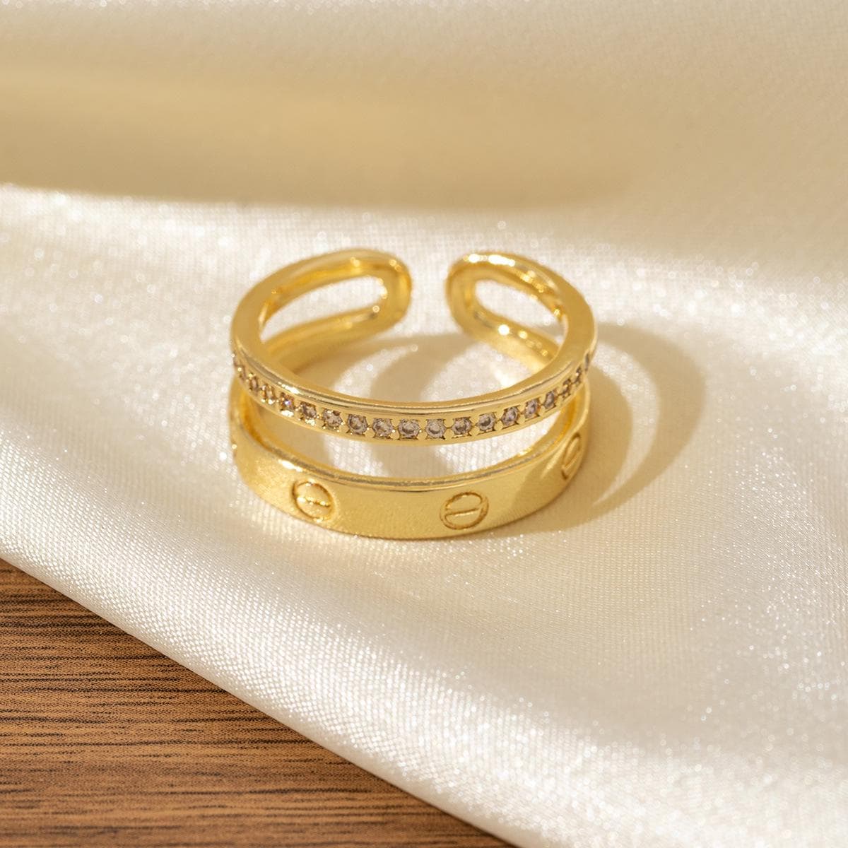 Kajia LOVE Classic Ribbed Star Ring: Women's Copper-Zircon, Thick Gold-Plated, Wide/Narrow Versions Available. Adjustable Open