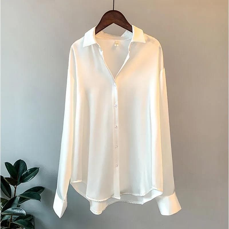 Satin Shirt Ladies Blouse Spring Autumn Tops Women Clothing Button Up Long Sleeve Solid Loose Shirts XL white