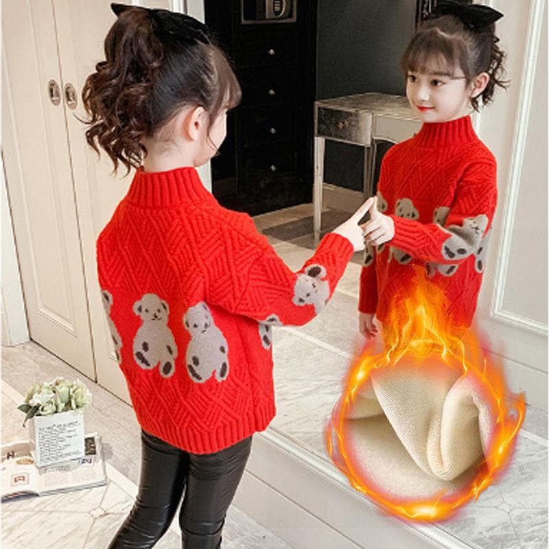 Girls' Sweaters, Autumn and Winter Clothes, Small and Medium-sized Children's Pullover with Thick Velvet for Warmth, Knitted Sweater for Baby Girls 150