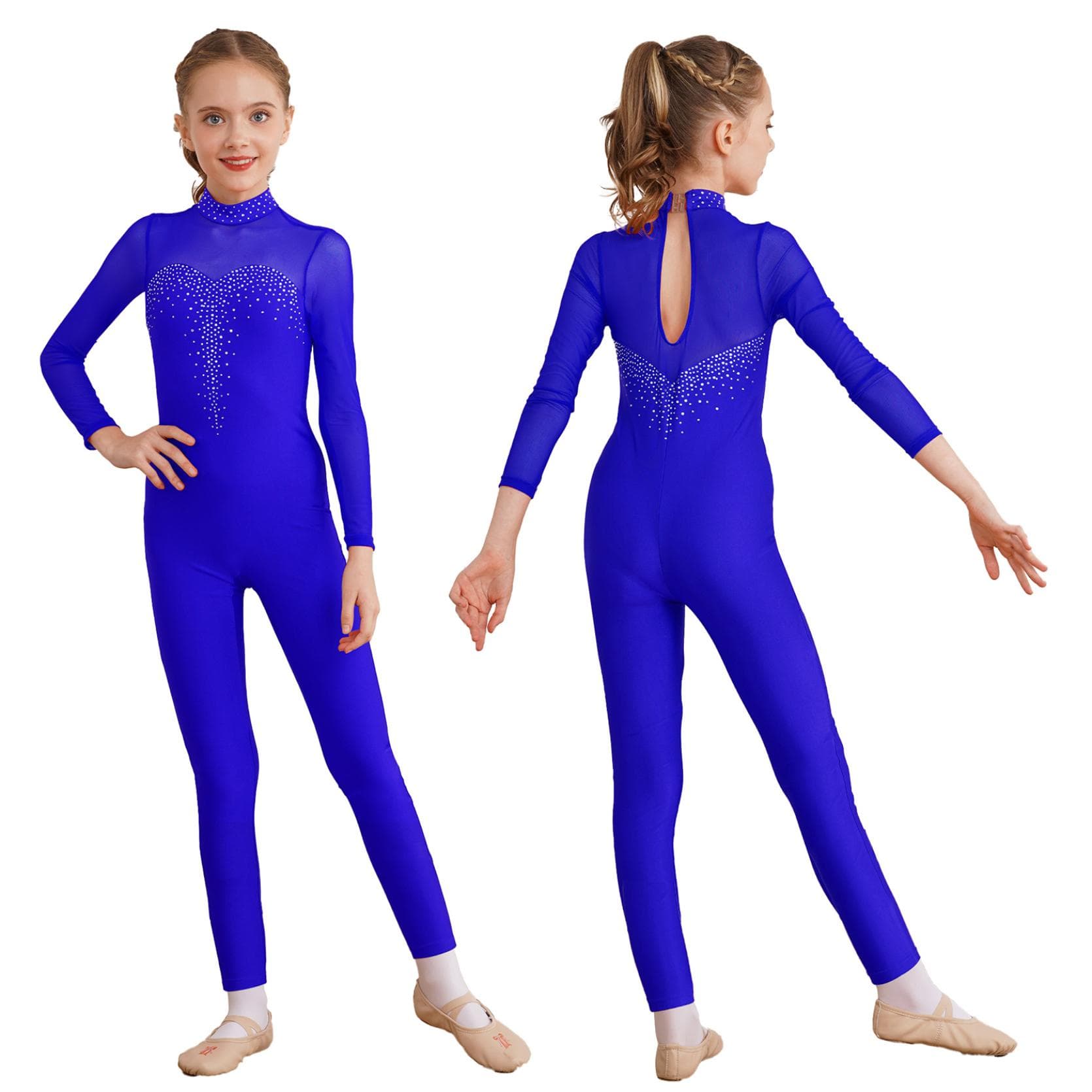 Kids Girls Figure Skating Unitard Shiny Rhinestone Jumpsuit Long Sleeve Bodysuit Gymnastics Dance Performance Costume 11-12 Years royal blue
